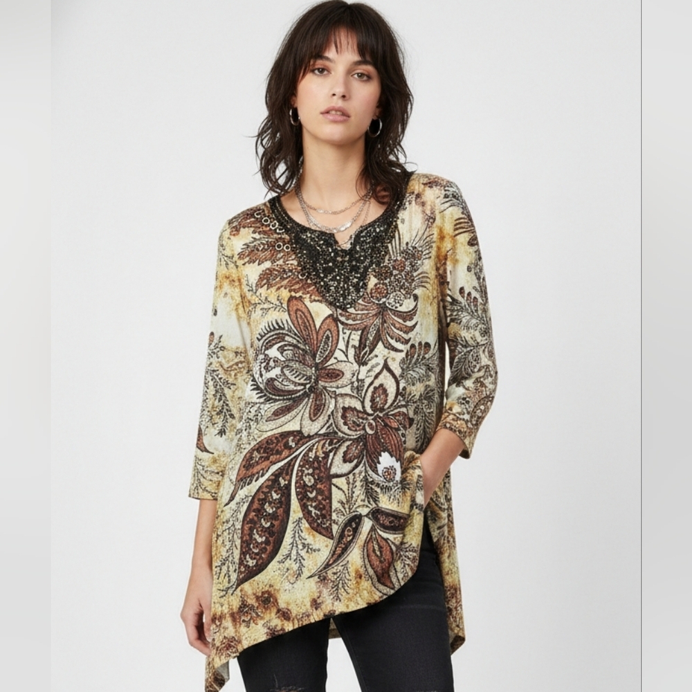 Simply Emma Blouse Grunge Whimsigoth Retro Floral Beaded Brown Green 1X
